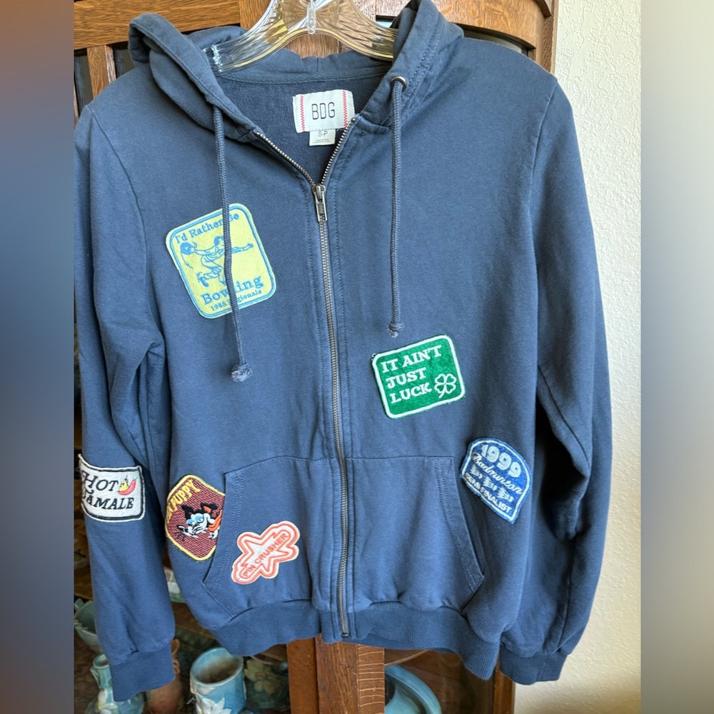 Urban Outfitters BDG brand, bowling patches hoodie zip front navy women small
